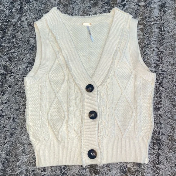 FREE PEOPLE Denson Cream Cable Knit Button-Up sweater vest OB1271731 sz XS - Picture 9 of 9